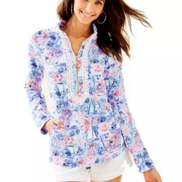LILLY PULITZER Janie Embroidered Popover Top SEA TO SHINING SEA Size Small - Picture 1 of 9